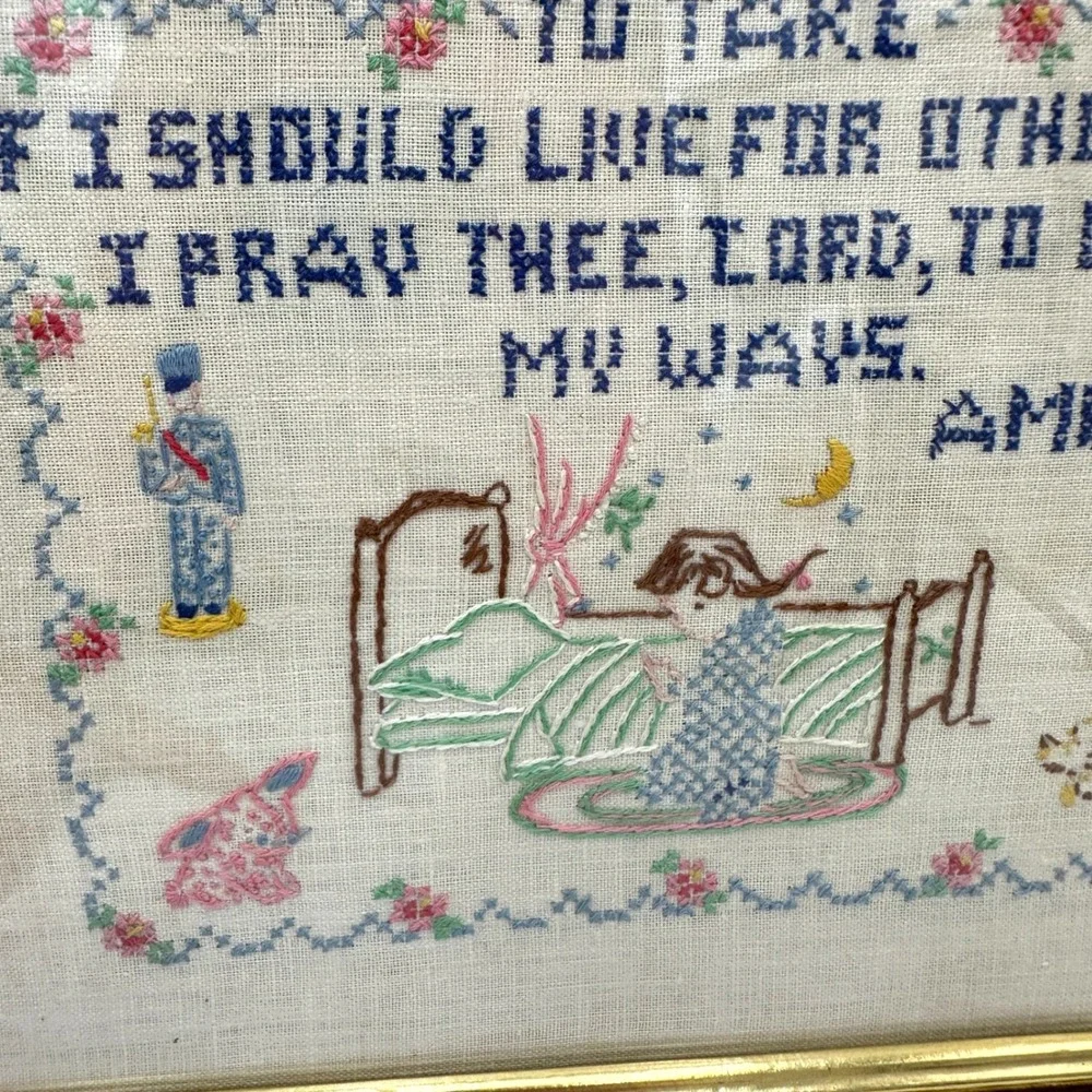 Vtg 1950s Now I Lay Me Down To Sleep Childs Prayer Nursery Cross Stitch Sampler